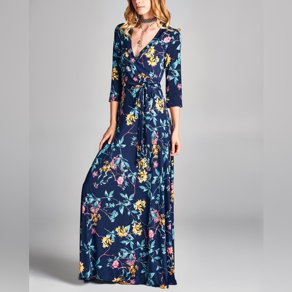 Love, Kuza | Navy Floral Three-Quarter Sleeve Maxi Dress NWOT - Picture 4 of 14